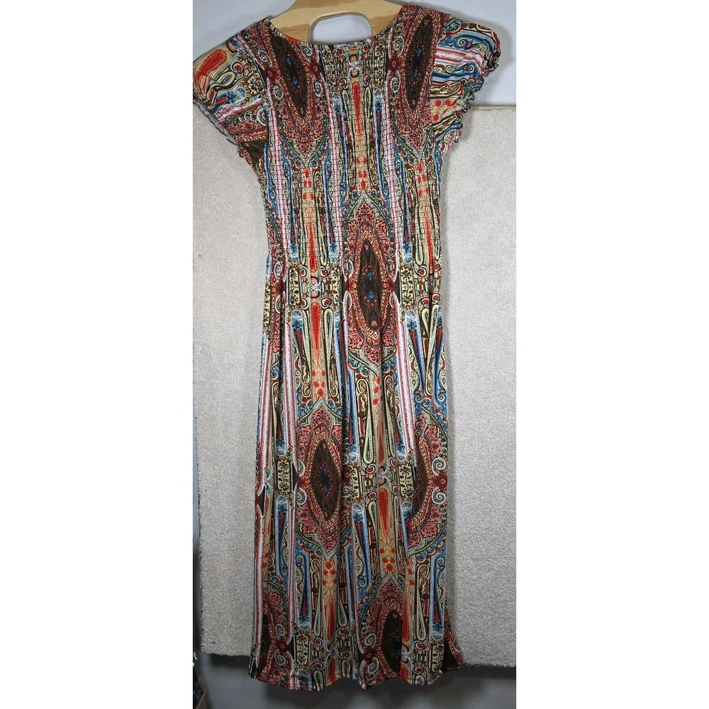 Lapogee Dress‎ Womens XL Red Blue Paisley Boho Maxi Smocked Chic Style Vintage - Picture 4 of 6